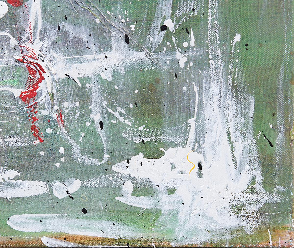 Contemporary Abstract Expressionist Green, White, and Red Diptych Painting 13