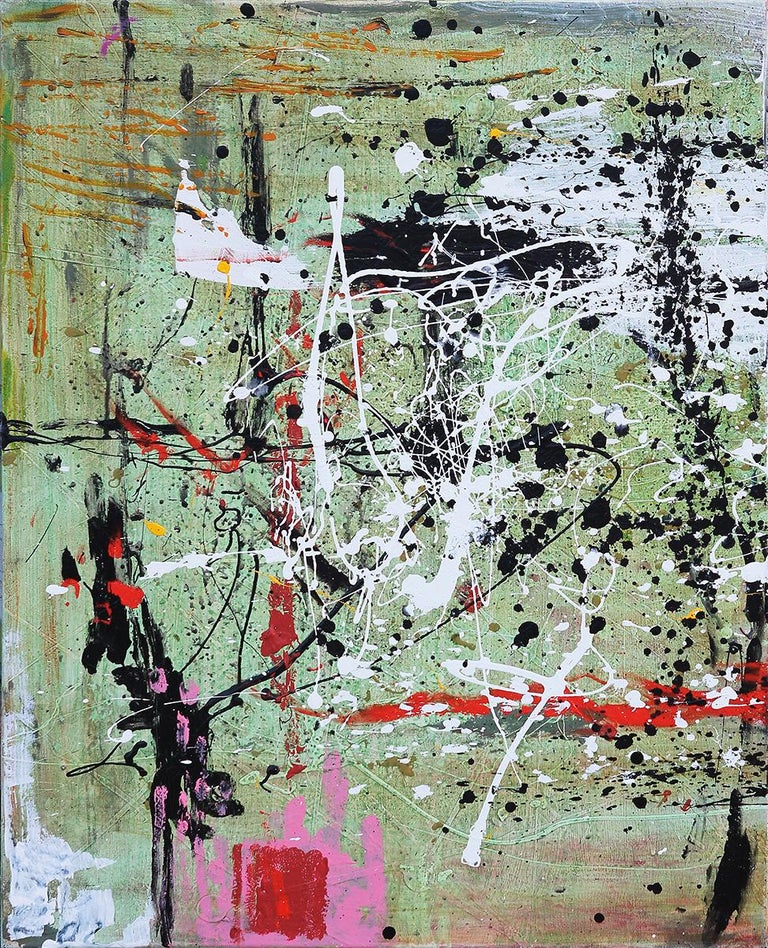 Contemporary Abstract Expressionist Green, White, and Red Diptych Painting - Gray Abstract Painting by Larry Martin