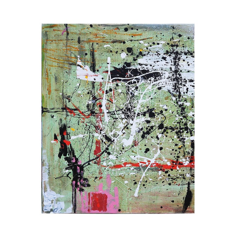 Abstract expressionist diptych painting by contemporary Houston artist Larry Martin. The work features green, white, and red brushwork in the style of Jackson Pollock. Signed in front upper right corner. Currently unframed, but options are