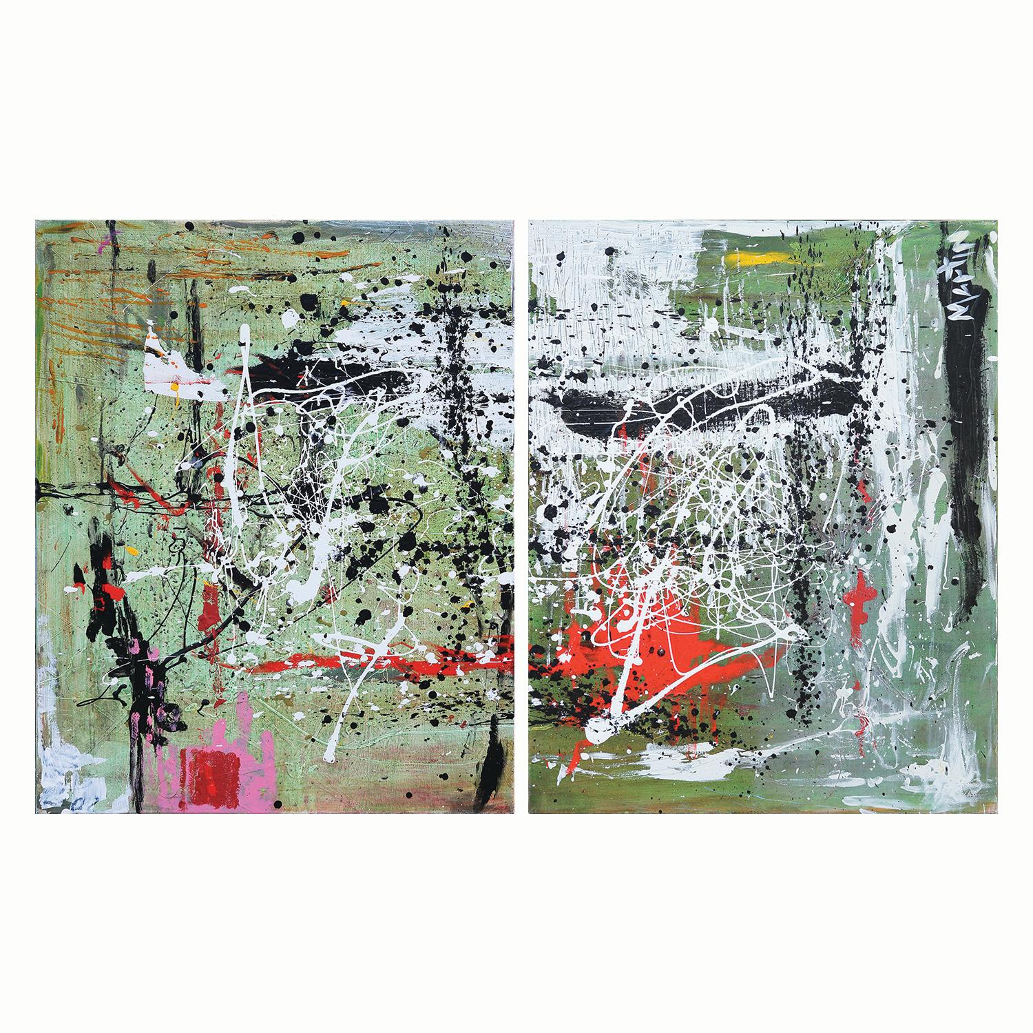 Contemporary Abstract Expressionist Green, White, and Red Diptych Painting