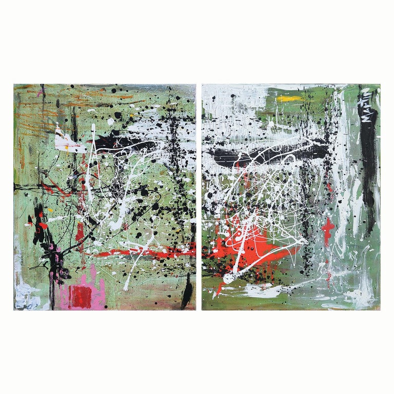 Larry Martin Abstract Painting - Contemporary Abstract Expressionist Green, White, and Red Diptych Painting