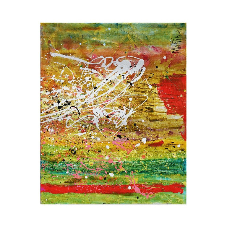 Abstract expressionist diptych painting by contemporary Houston artist Larry Martin. The work features green, yellow, and orange brushwork in the style of Jackson Pollock. Signed and dated in front upper right corner. Currently unframed, but options