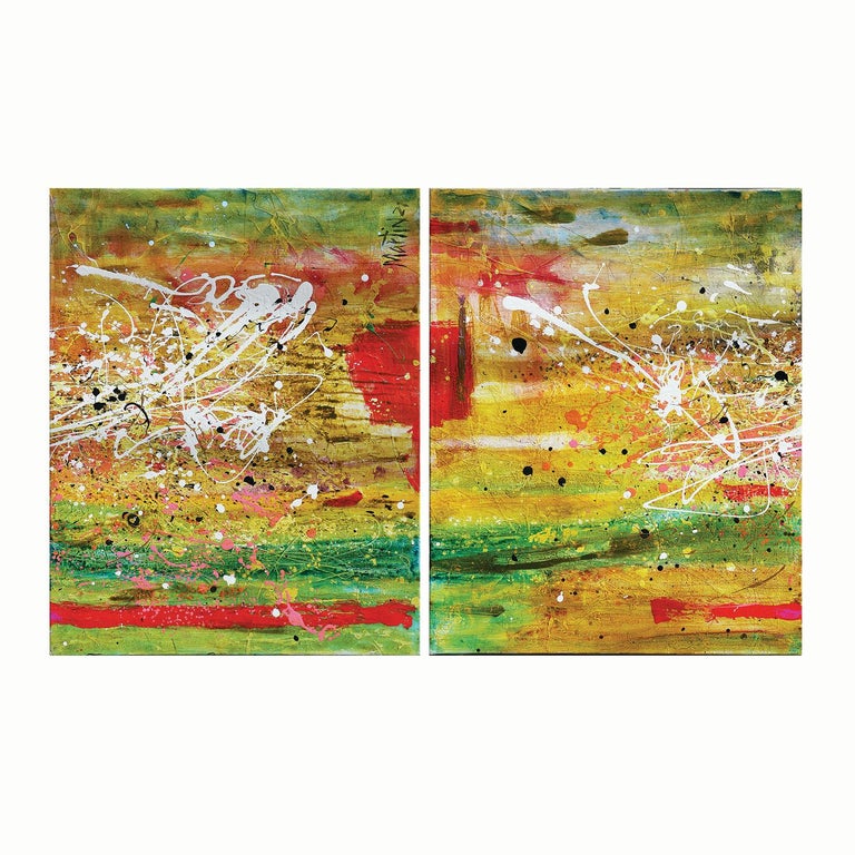 Larry Martin Abstract Painting - Contemporary Abstract Expressionist Green, Yellow, and Orange Diptych Painting