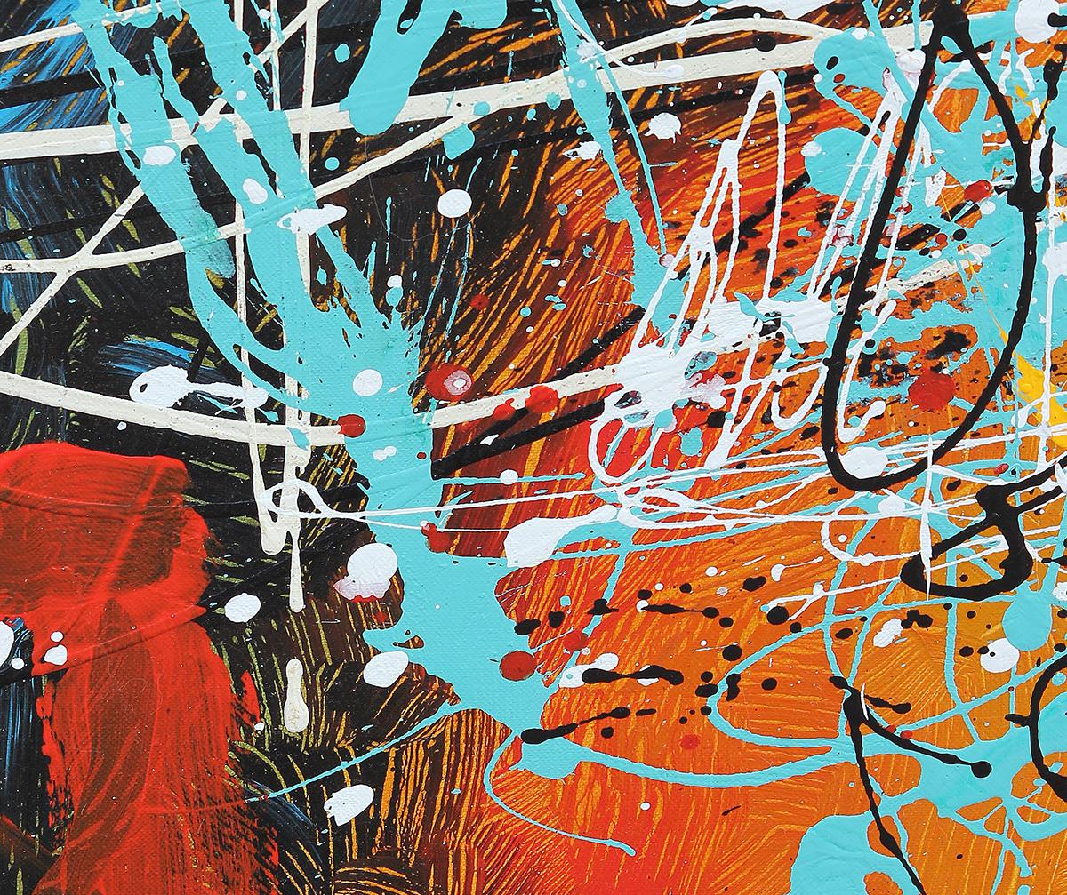 Contemporary Abstract Expressionist Teal, Red, and Yellow Diptych Painting 5