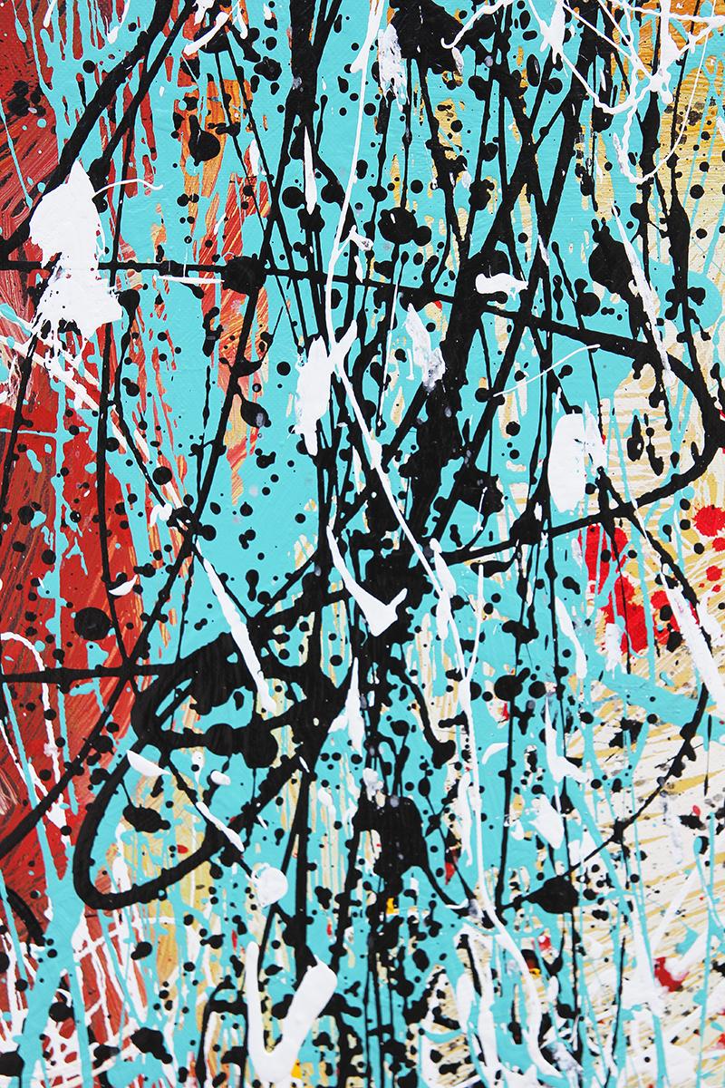 Contemporary Abstract Expressionist Teal, Red, and Yellow Diptych Painting 6