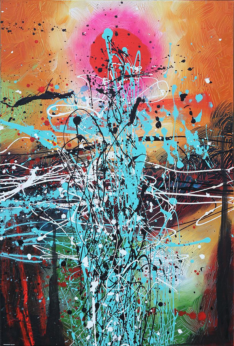Contemporary Abstract Expressionist Teal, Red, and Yellow Diptych Painting 8