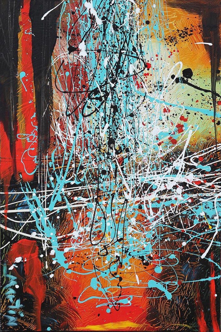 Abstract expressionist diptych painting by contemporary Houston artist Larry Martin. The work features teal, red, and yellow brushwork in the style of Jackson Pollock. Signed in front upper right corner. Currently unframed, but options are