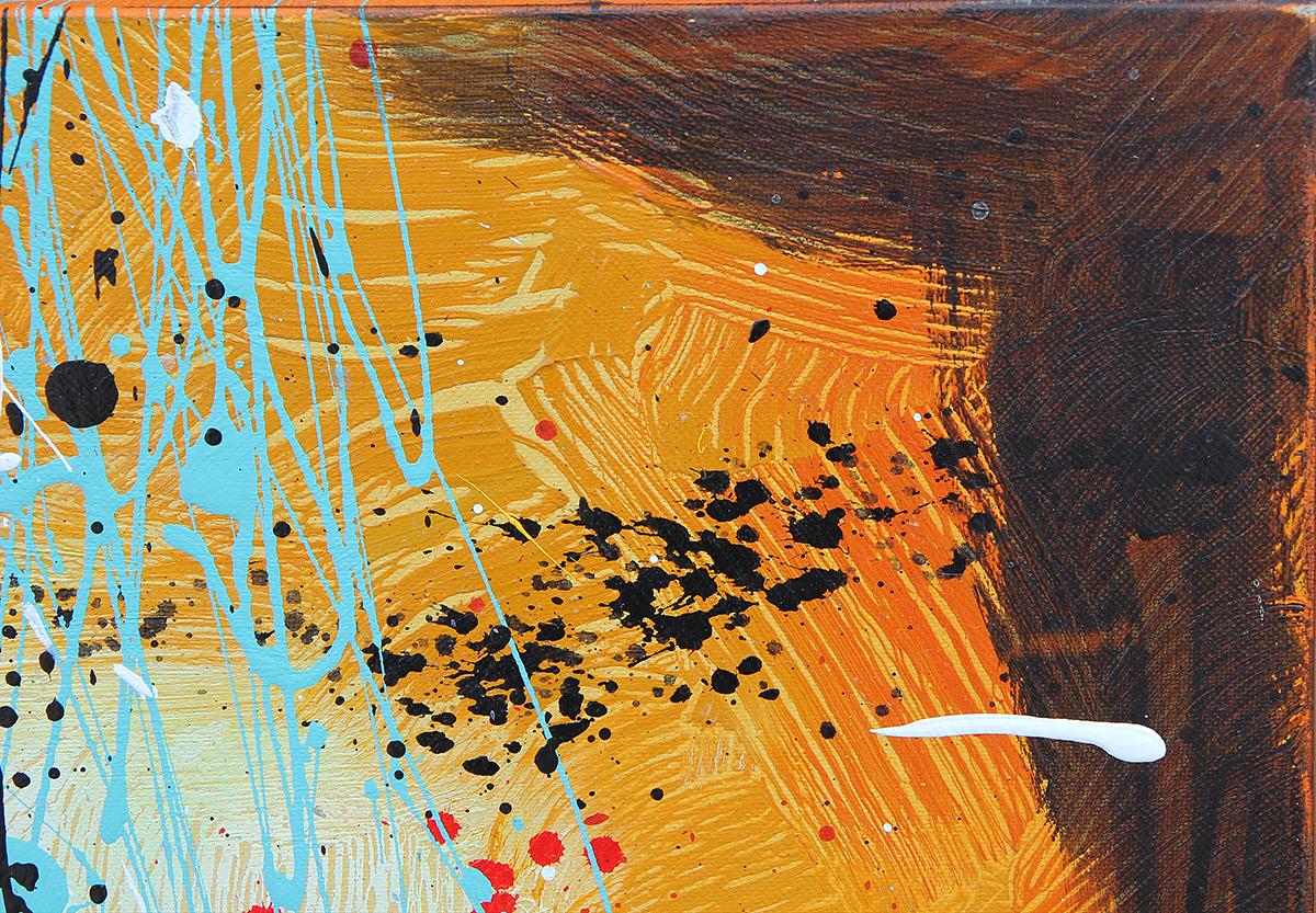 Abstract expressionist diptych painting by contemporary Houston artist Larry Martin. The work features teal, red, and yellow brushwork in the style of Jackson Pollock. Signed in front upper right corner. Currently unframed, but options are