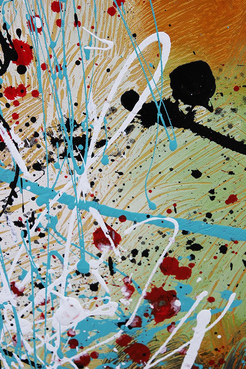 Contemporary Abstract Expressionist Teal, Red, and Yellow Diptych Painting 4