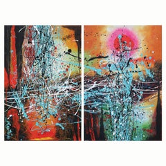 Contemporary Abstract Expressionist Teal, Red, and Yellow Diptych Painting