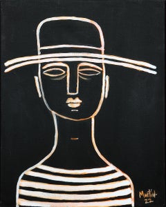 Peinture abstraite contemporaine aux lignes contournées orange et blanc d'un homme au chapeau