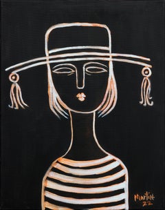 Peinture abstraite contemporaine aux lignes contournées orange et blanc représentant une femme au chapeau