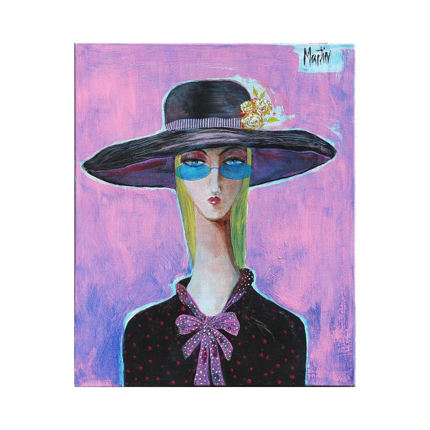 Peinture contemporaine abstraite de portrait rose et noir d'une femme au chapeau  - Painting de Larry Martin