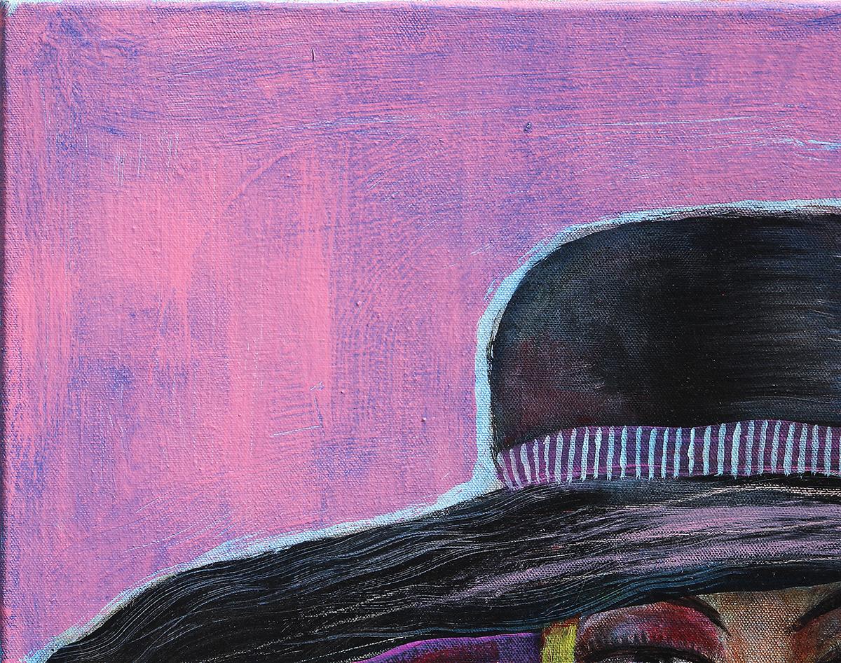 Peinture contemporaine abstraite de portrait rose et noir d'une femme au chapeau  - Violet Figurative Painting par Larry Martin
