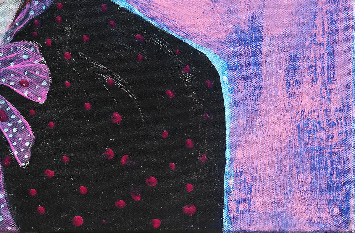 Peinture contemporaine abstraite de portrait rose et noir d'une femme au chapeau  1
