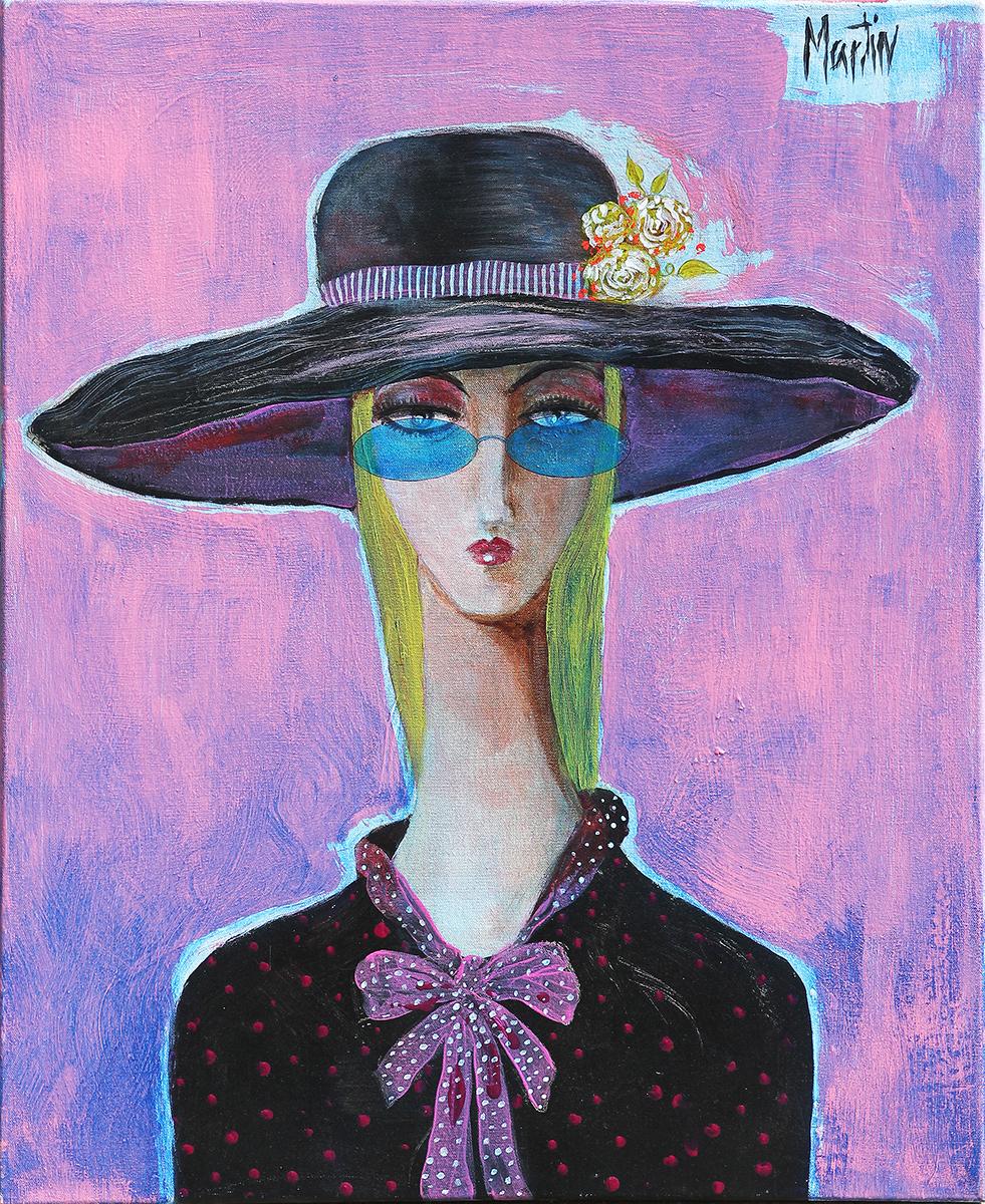 Figurative Painting Larry Martin - Peinture contemporaine abstraite de portrait rose et noir d'une femme au chapeau 