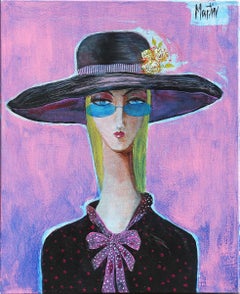 Contemporary Abstract Pink and Black Portrait Painting of a Woman in a Hat 