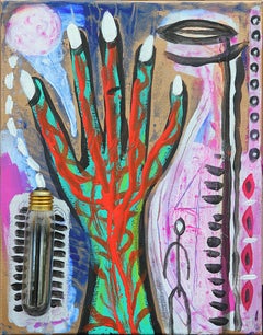 Contemporary Abstract Surrealist Found Object Painting of a Red and Green Hand