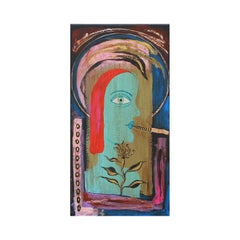 Contemporary Abstract Teal, Blue & Pink Hookah Smoking Figures Triptych Painting