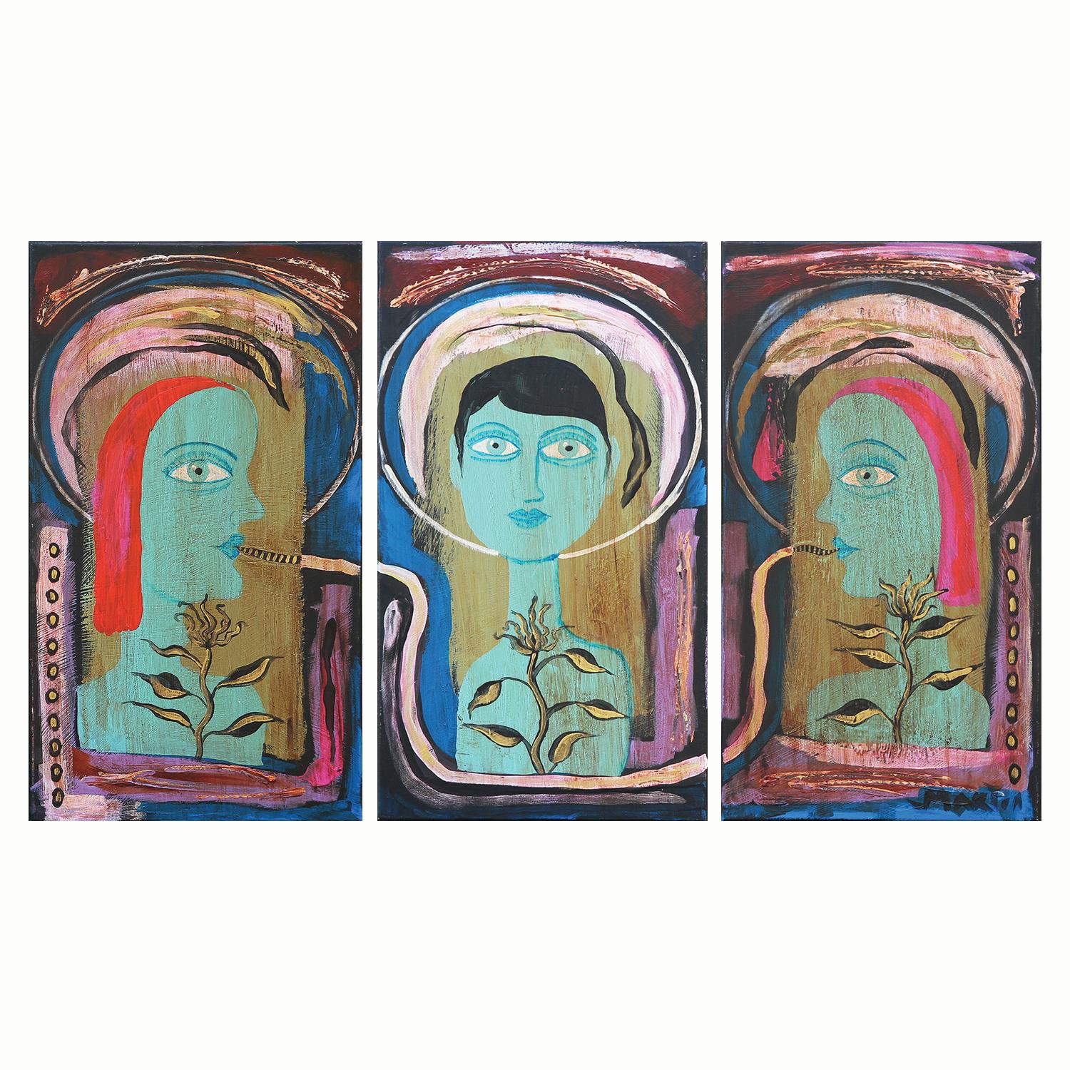 Larry Martin Figurative Painting - Contemporary Abstract Teal, Blue & Pink Hookah Smoking Figures Triptych Painting