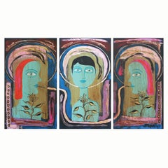 Contemporary Abstract Teal, Blue & Pink Hookah Smoking Figures Triptych Painting