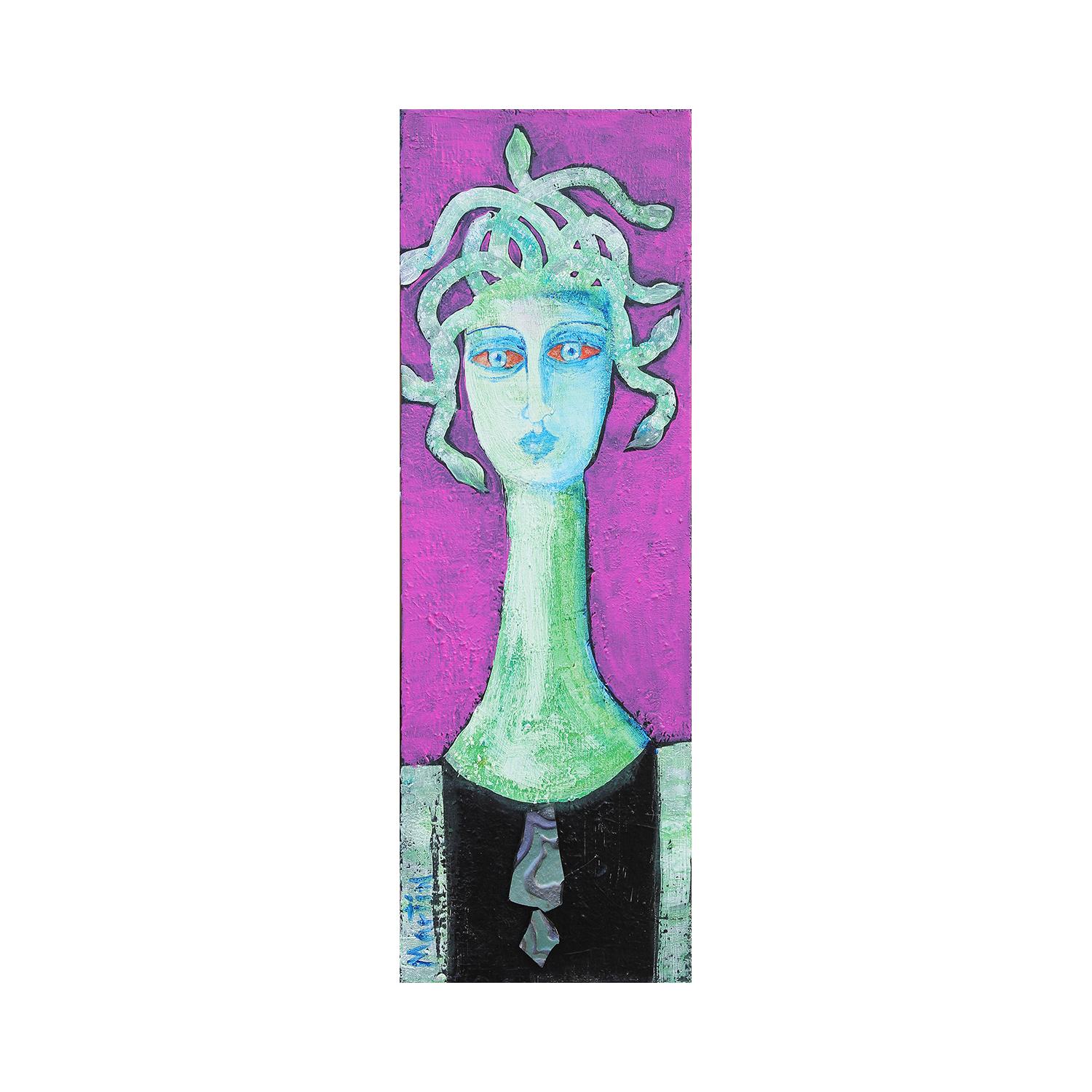 Larry Martin Figurative Painting - Contemporary Abstract Teal & Purple Medusa Inspired Found Object Figure Painting