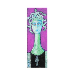 Contemporary Abstract Teal & Purple Medusa Inspired Found Object Figure Painting