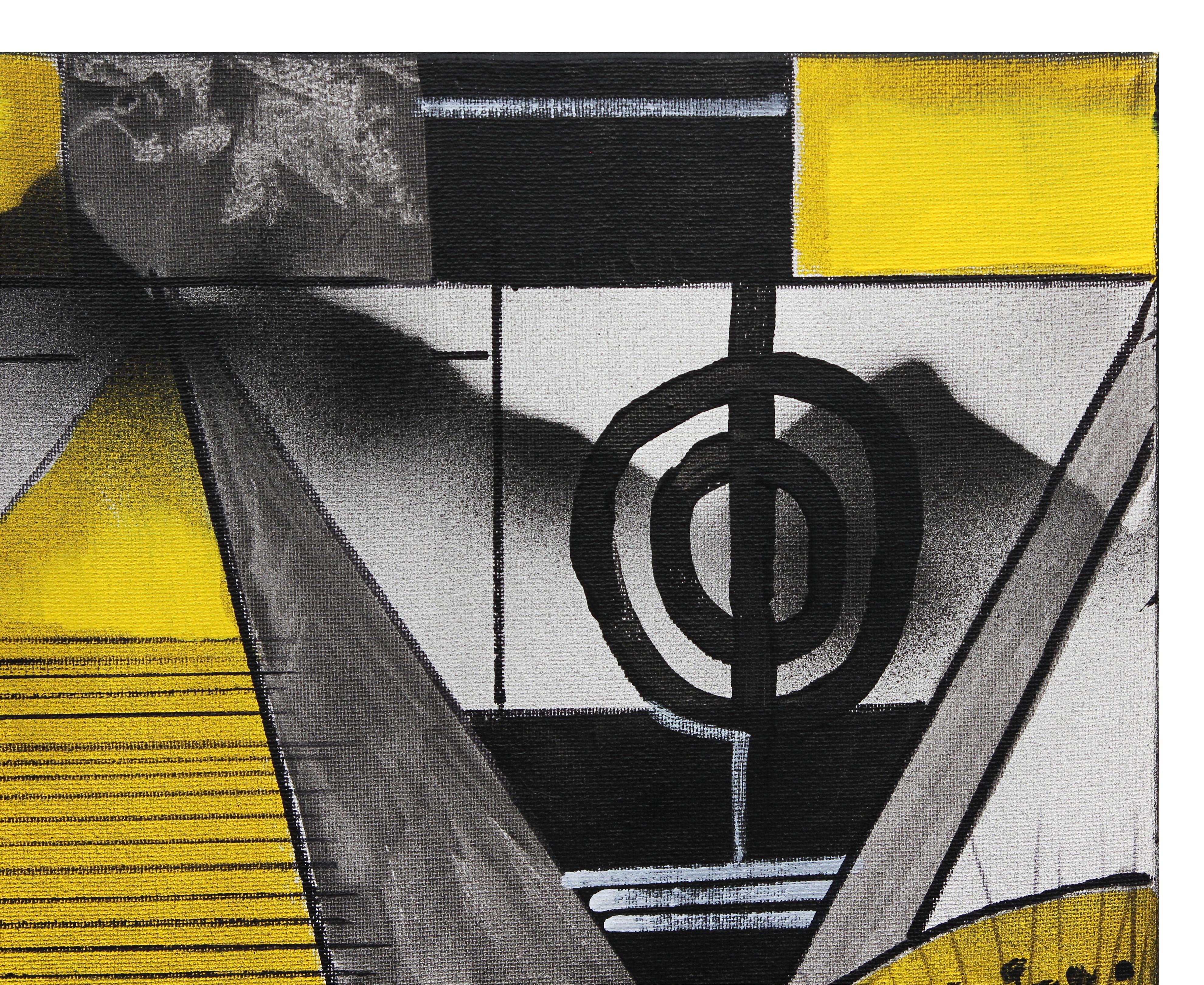 Contemporary black, yellow, and gray geometric abstract painting by Houston, TX artist Larry Martin. The work features a balanced composition of floating circles and triangles. Signed and dated on reverse. Currently unframed, but options are