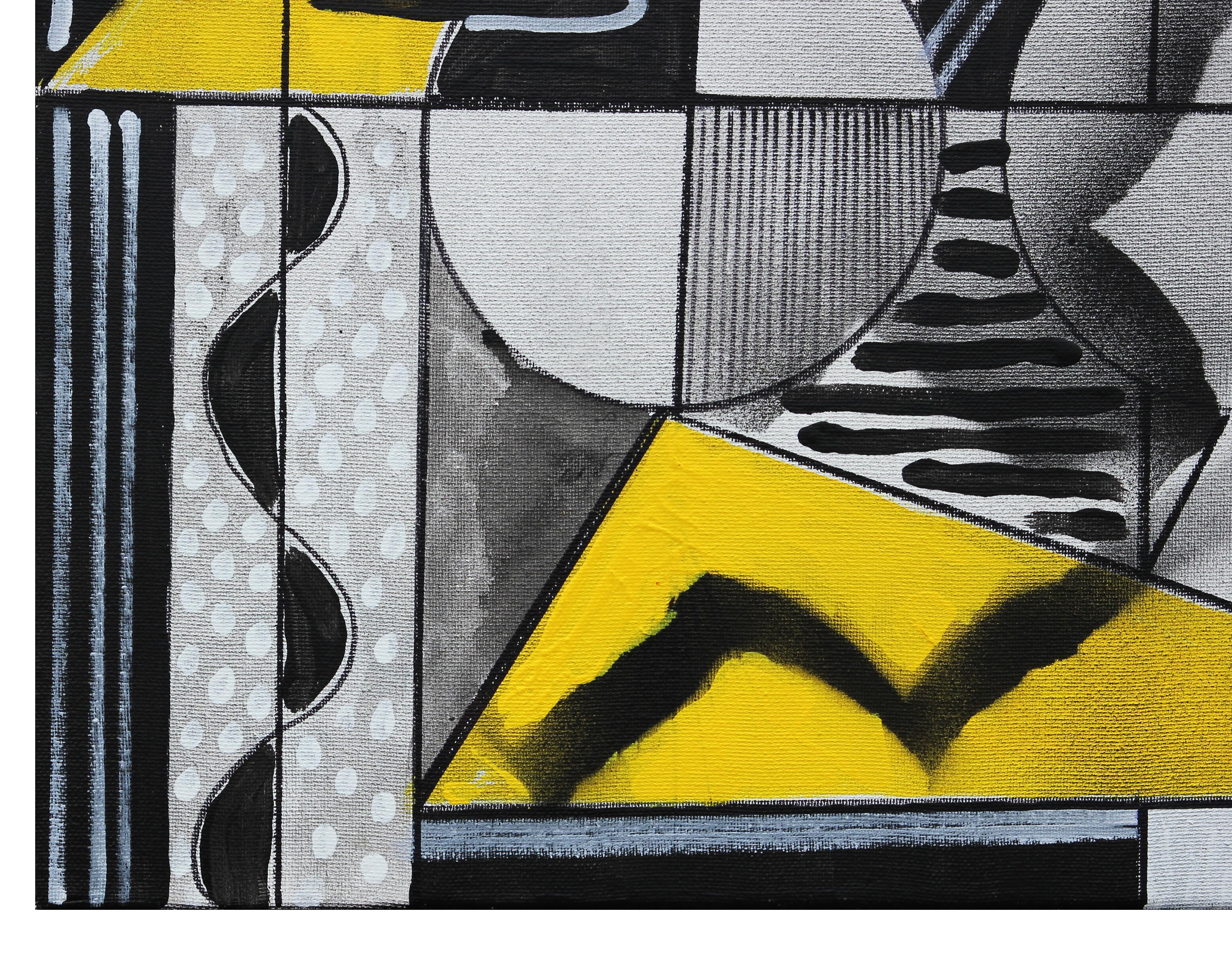 Contemporary Black, Yellow, and Gray Geometric Abstract Painting 1