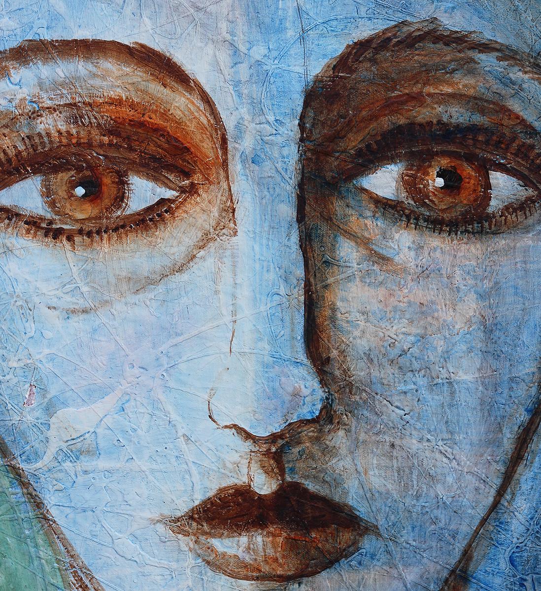 Contemporary Blue and Green Toned Abstract Portrait Painting of a Female Face 1