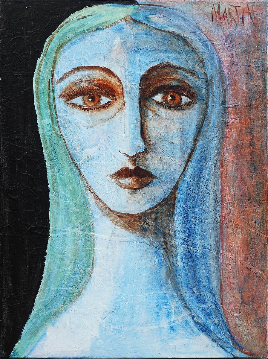 Larry Martin Figurative Painting - Contemporary Blue and Green Toned Abstract Portrait Painting of a Female Face