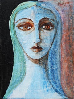 Contemporary Blue and Green Toned Abstract Portrait Painting of a Female Face