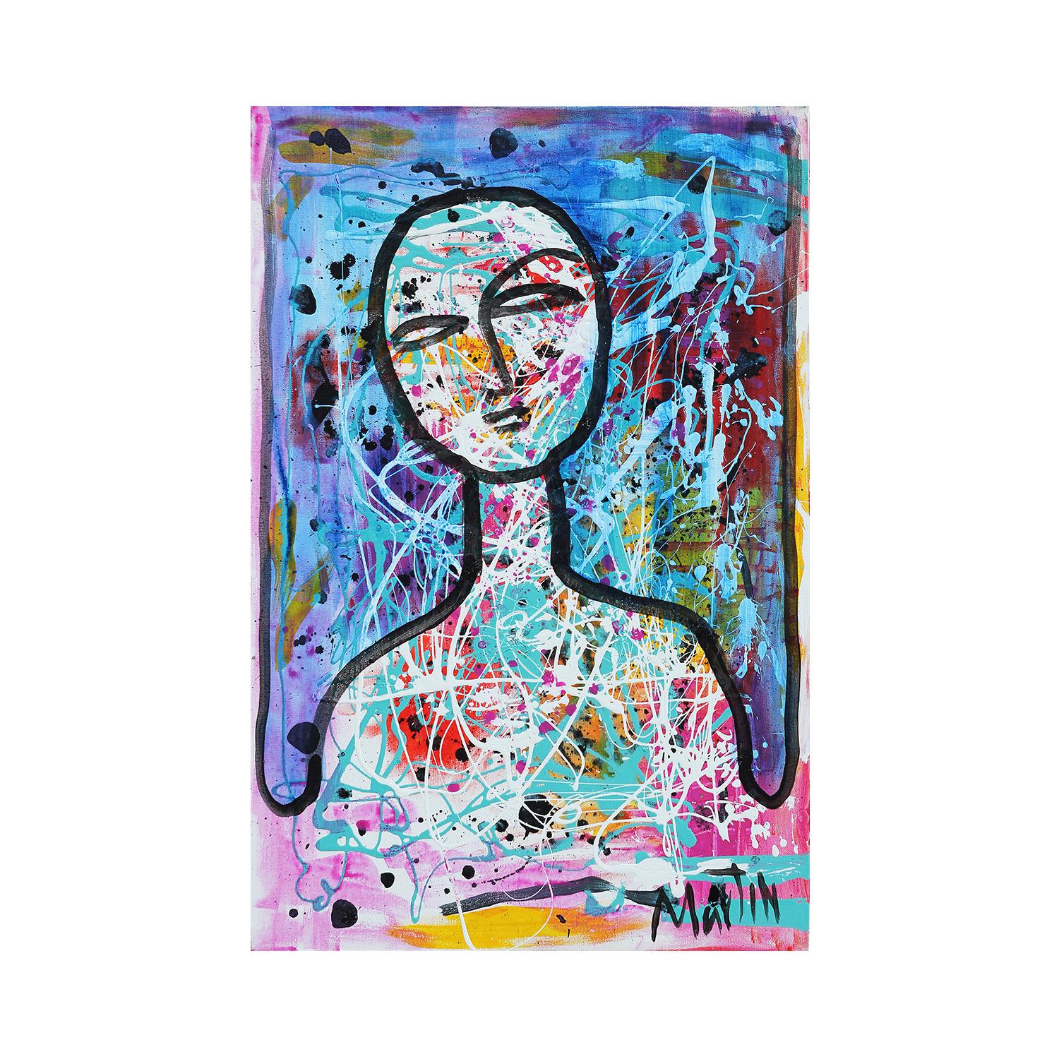 Contemporary Blue, Pink, and White Abstract Expressionist Portrait Painting - Gray Abstract Painting by Larry Martin