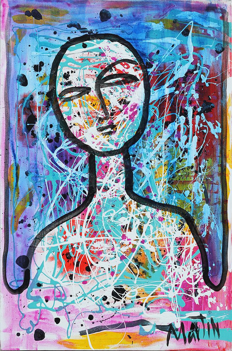 Larry Martin Abstract Painting - Contemporary Blue, Pink, and White Abstract Expressionist Portrait Painting