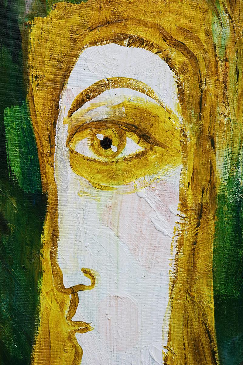 Contemporary Green, Yellow, and Red Longitudinal Abstract Female Portrait  - Painting by Larry Martin