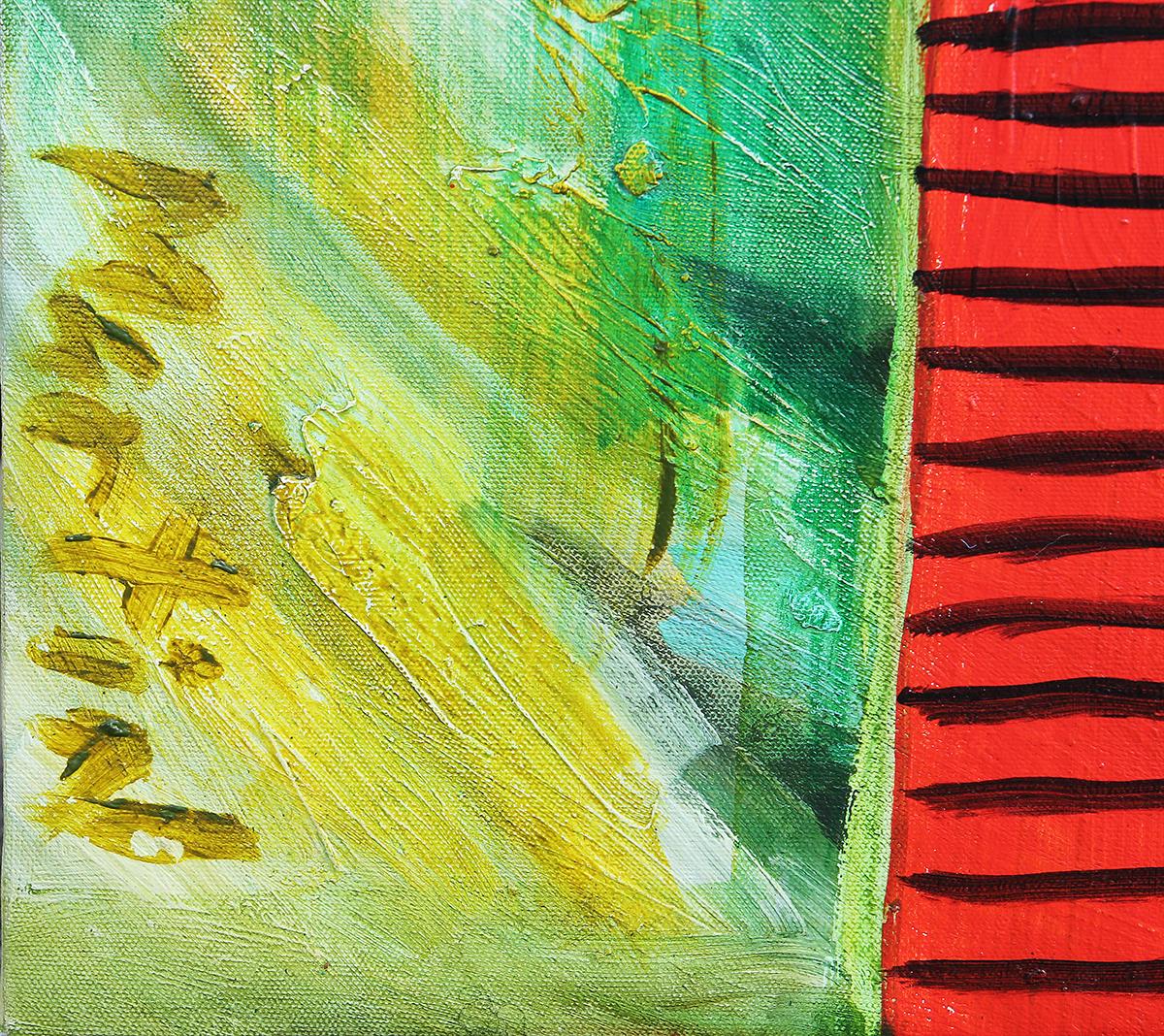 Abstract portrait painting by contemporary Houston artist Larry Martin. The work features an elongated yellow figure wearing a red and black striped shirt against a green toned background. Signed by the artist in the front lower left corner.