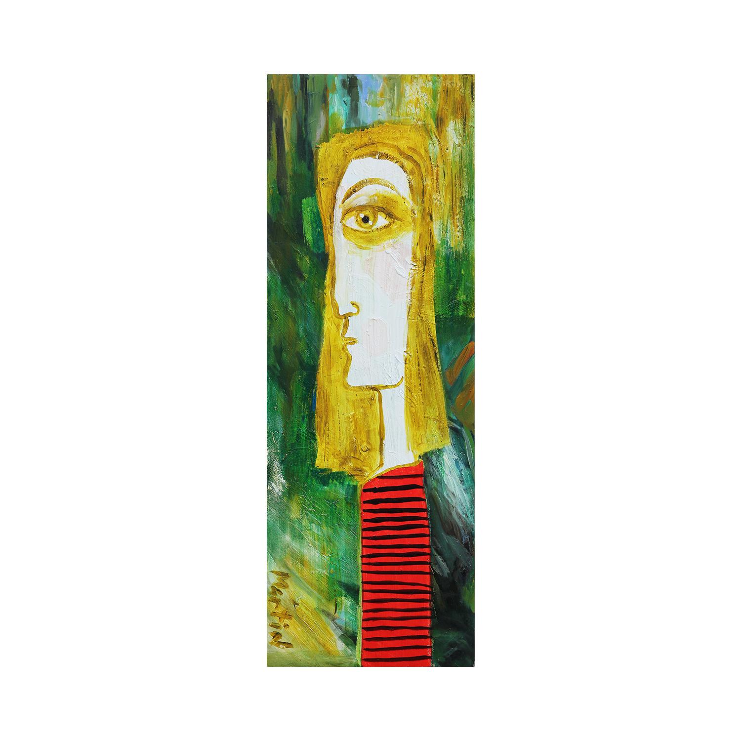 Larry Martin Figurative Painting - Contemporary Green, Yellow, and Red Longitudinal Abstract Female Portrait 