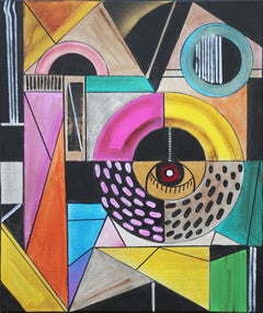 Contemporary Pink, Yellow, Orange, and Black Geometric Abstract Painting