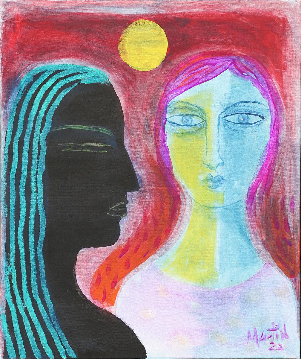 “Goodbye” Red, Pink, Yellow, and Blue Abstract Figurative Portrait of Two Women