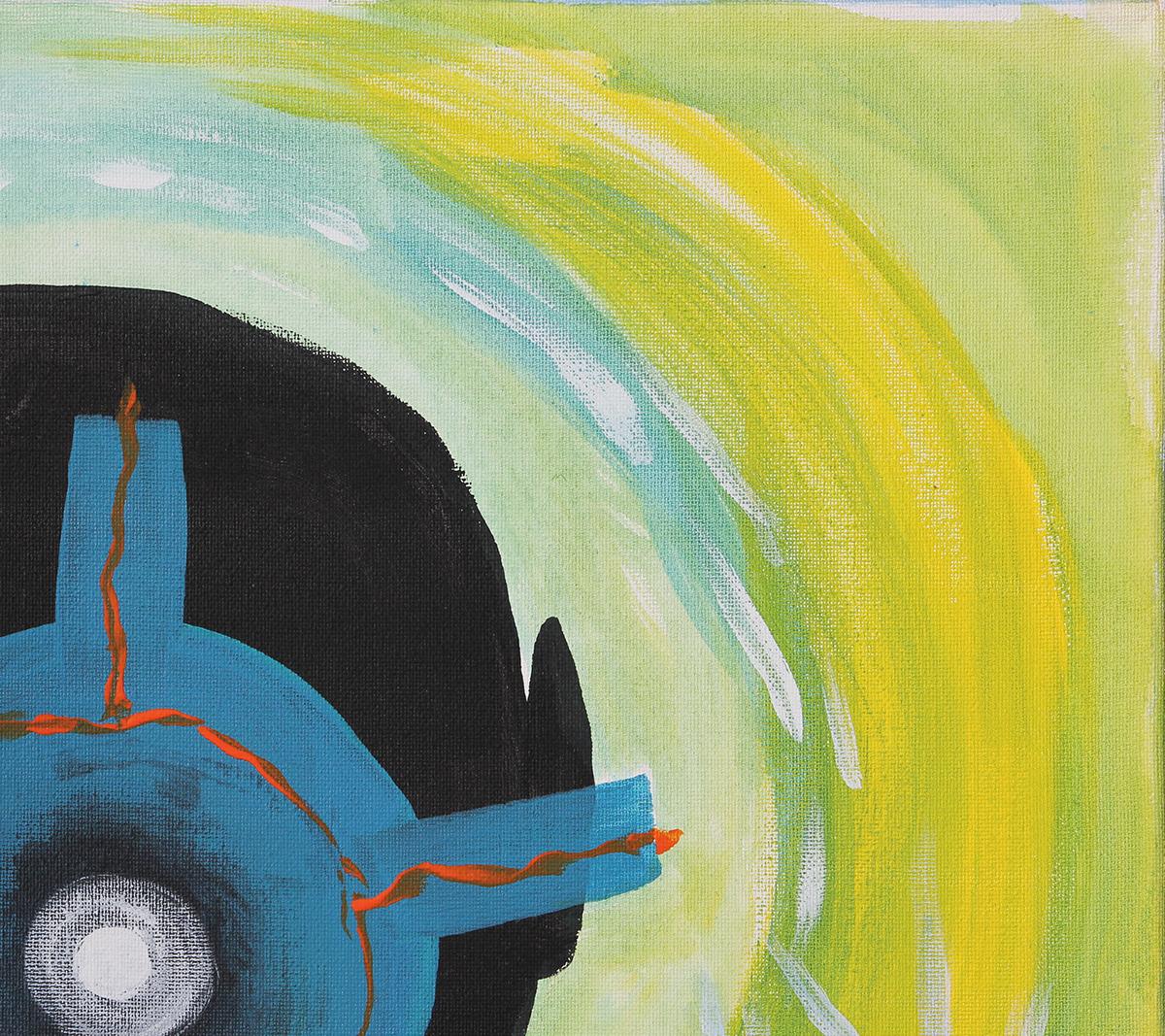 Yellow and blue-toned abstract figurative painting by Houston, TX artist, Larry Martin. This painting depicts a silhouette of a man with a blue mask in a shape of a cross. Signed by the artist at the bottom right. Unframed but framing options are