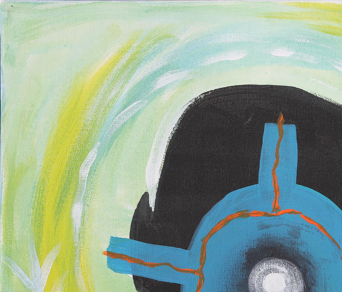 “Lake” Yellow, Black, and Blue Toned Abstract Figurative Silhouette Painting 1