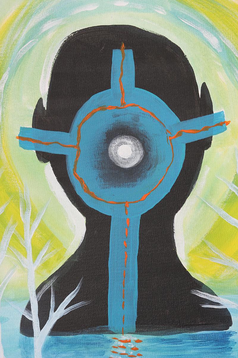 “Lake” Yellow, Black, and Blue Toned Abstract Figurative Silhouette Painting 3