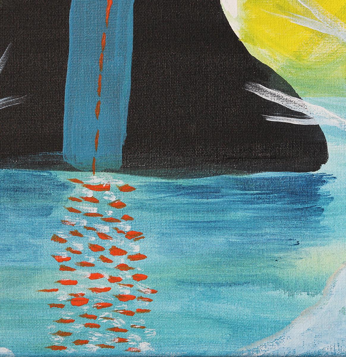 “Lake” Yellow, Black, and Blue Toned Abstract Figurative Silhouette Painting 4