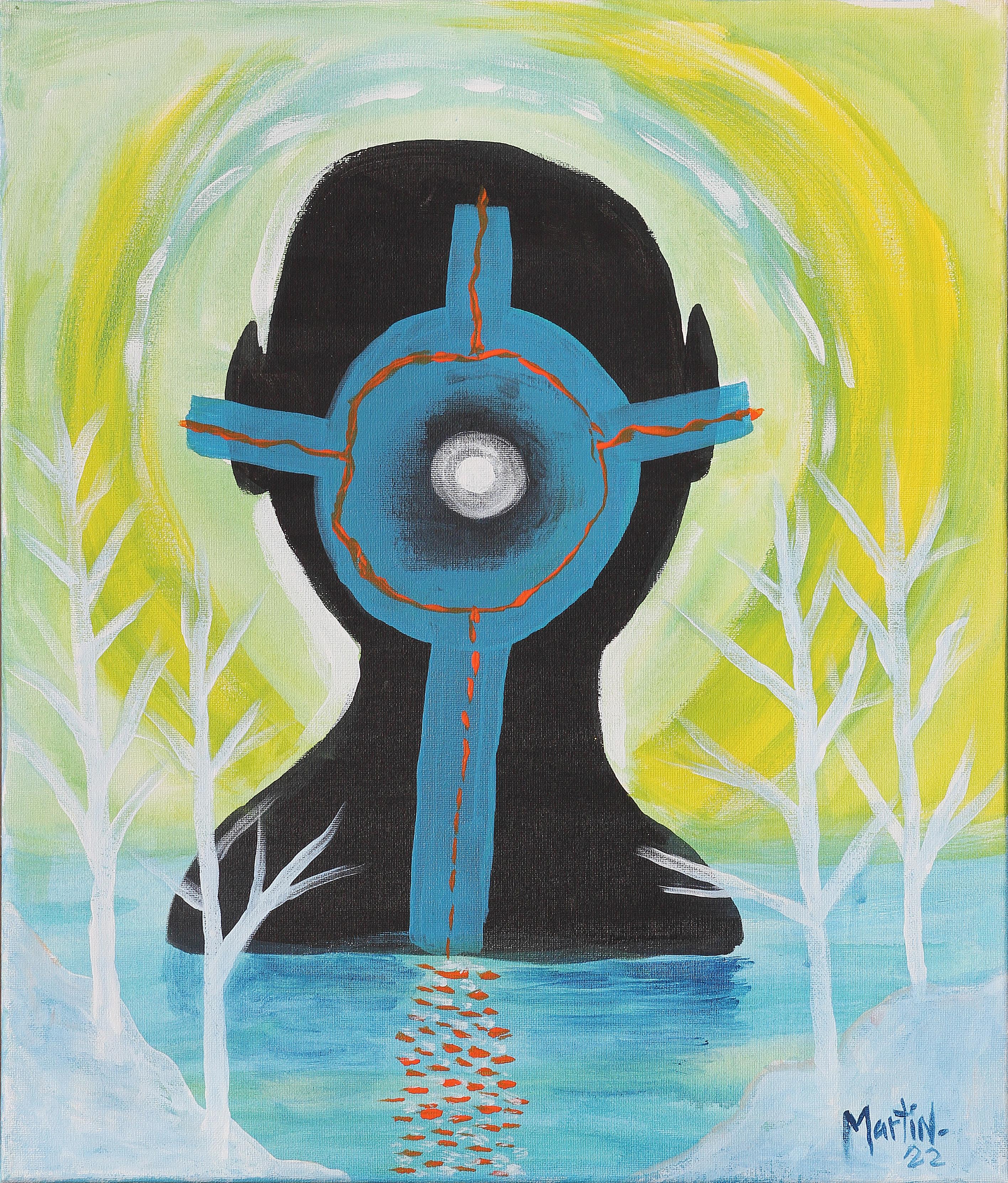 “Lake” Yellow, Black, and Blue Toned Abstract Figurative Silhouette Painting