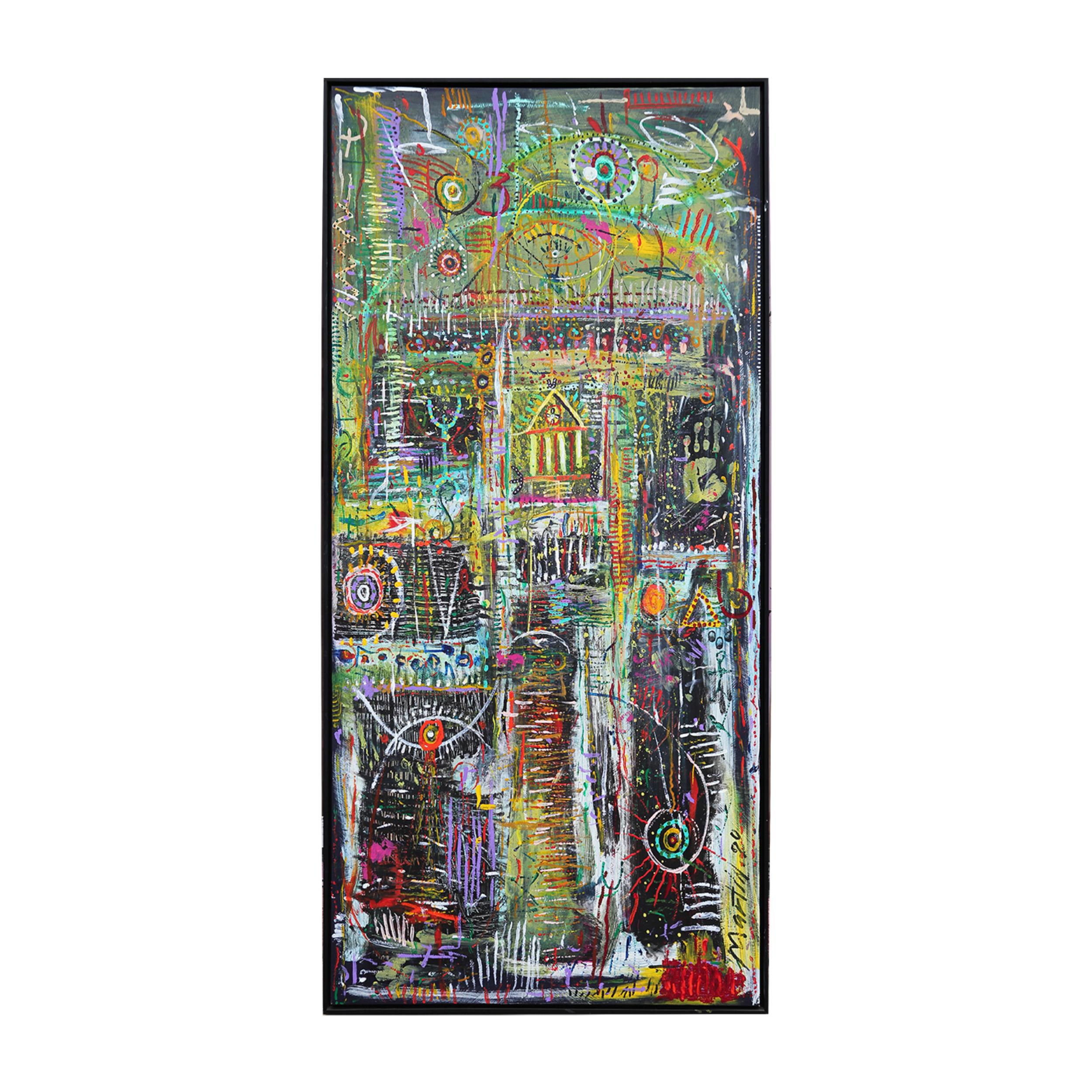 Longitudinal green, black, yellow, and red-toned abstract mixed media painting by Houston, TX artist, Larry Martin. This painting depicts various lines, patterns, and objects such as a house and eye-like shapes. Signed by the artist at the bottom