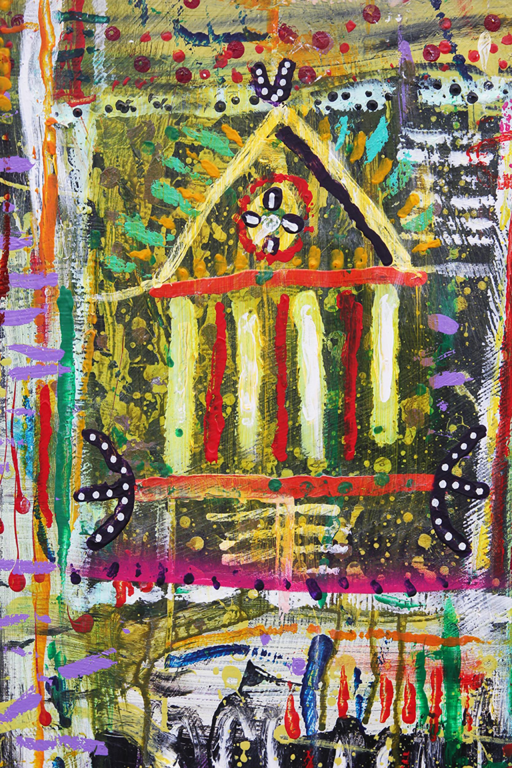 Large Longitudinal Green, Yellow, and Red Toned Mixed Media Painting 3