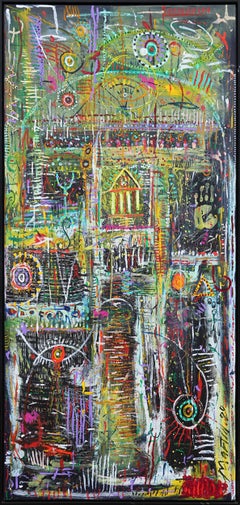 Large Longitudinal Green, Yellow, and Red Toned Mixed Media Painting
