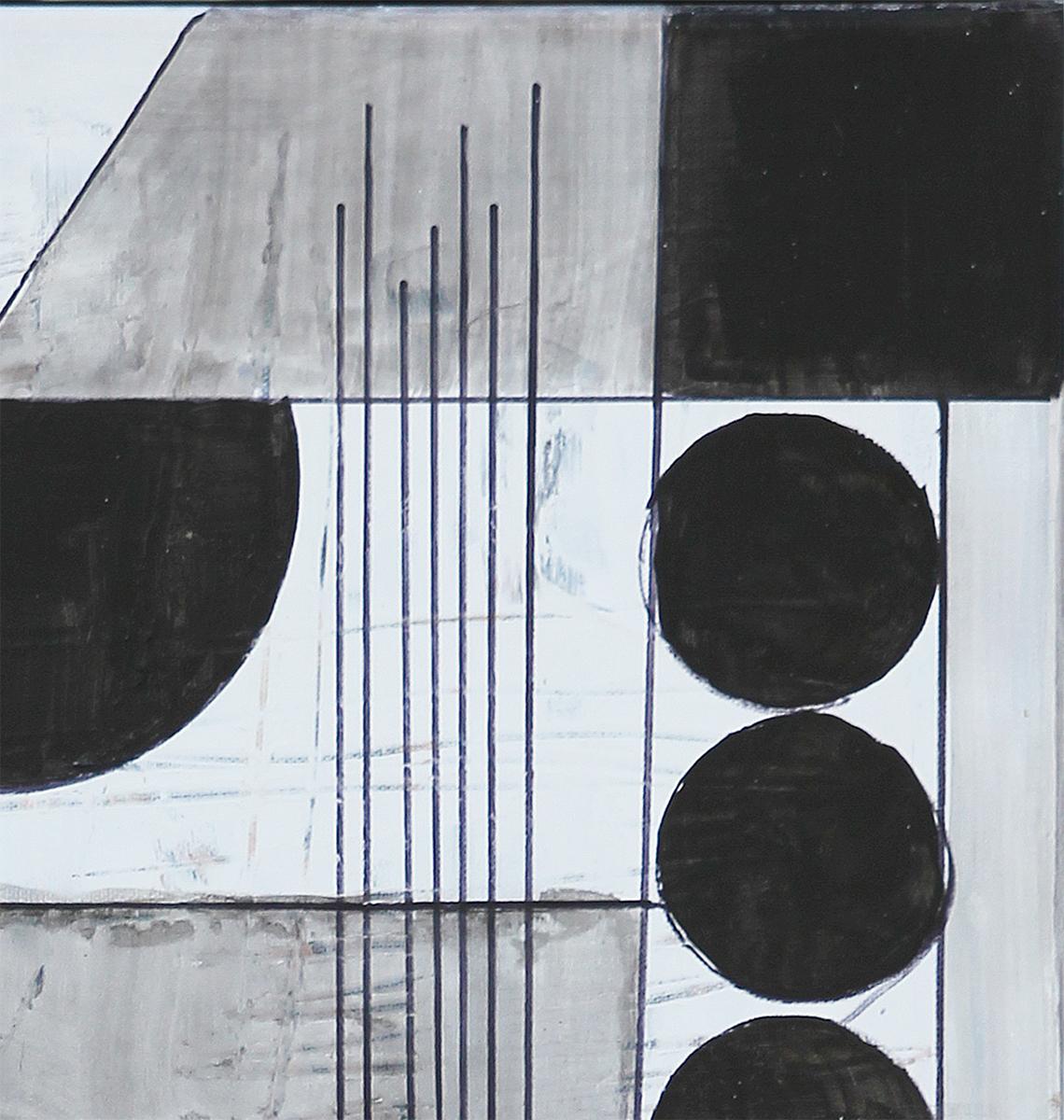 Contemporary black and white geometric abstract painting by Houston, TX artist Larry Martin. The work features a balanced composition of floating circles and triangles. Signed and dated on reverse. Currently unframed, but options are