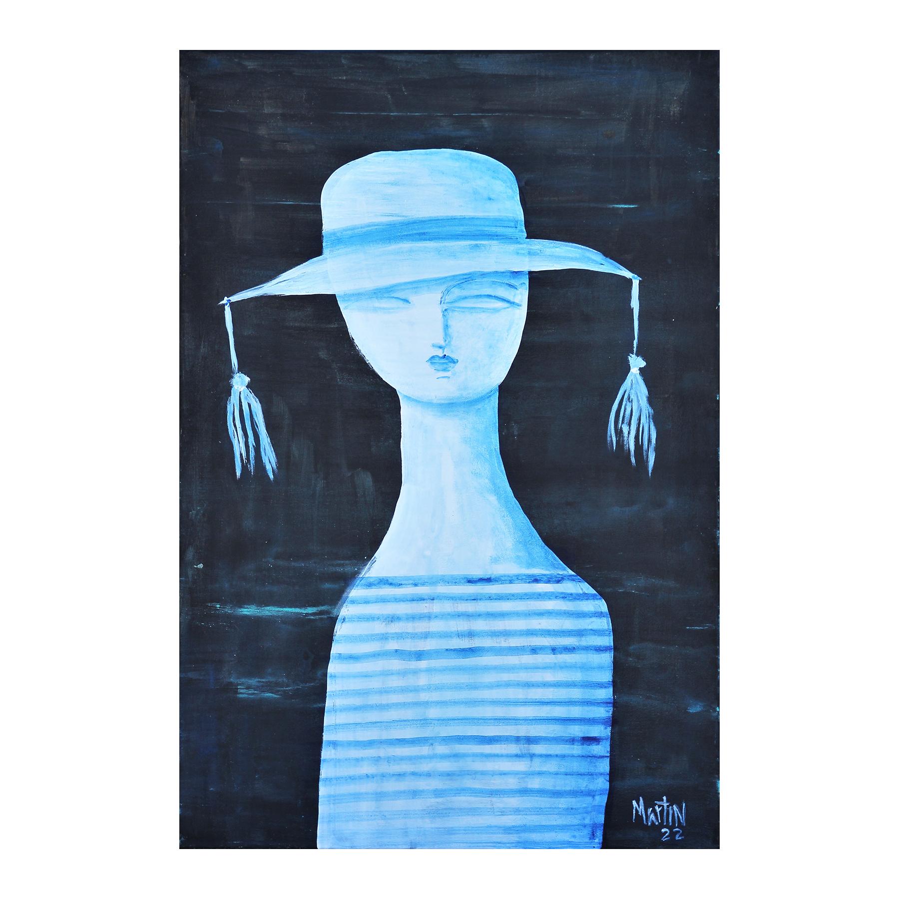 Blue toned abstract figurative painting by Houston, TX artist, Larry Martin. The painting depicts a blue female figure wearing a tasseled hat against a dark blue background. Signed and dated by the artist at the bottom right. Unframed but framing