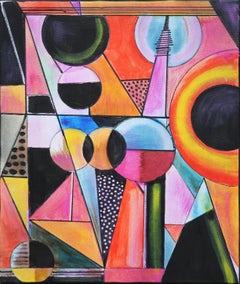 Peinture abstraite géométrique contemporaine rose, jaune, orange et noire